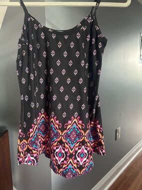 Black Printed Spaghetti Strap Tank Top with Multicolor Border, XS
